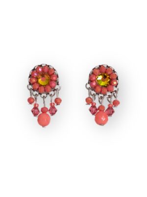 Coral pink crystal dangle studs mini