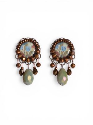 Bronze/brown and earthy green print dangle studs