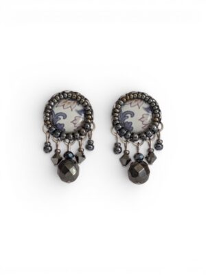 Metallic silver-grey print dangle studs