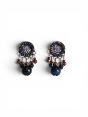 Navy blue and bronze print mini dangle studs